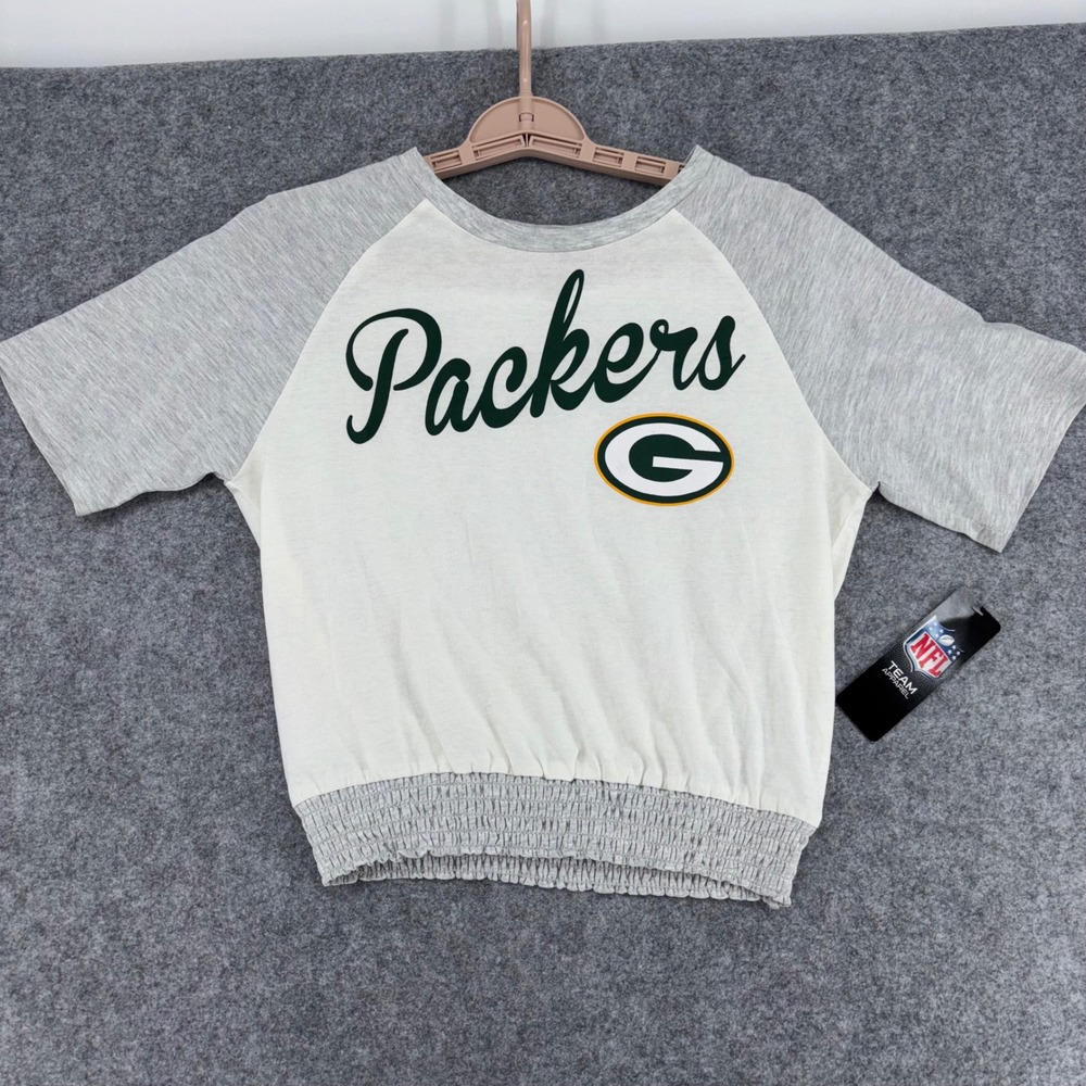 NFL Green Bay Packers Girls Raglan Smocked Hem Shirt Gray White L 14